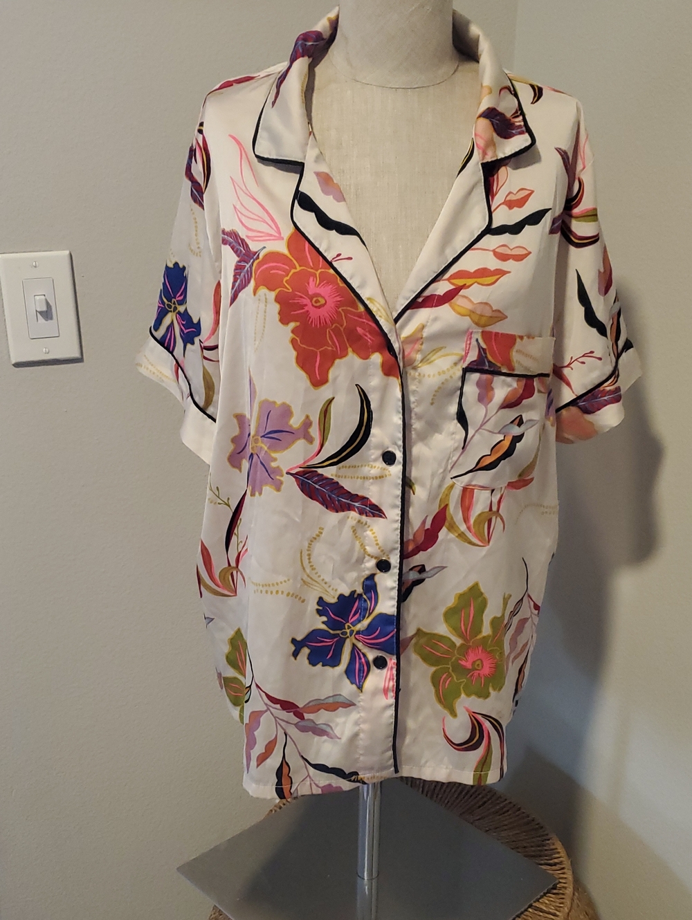 Floral Button-Down Short Sleeve Top - White with Multi-Color Print, Pajama Top